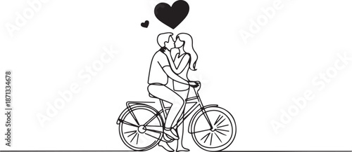 cute romantic couple kissing on bike with love vector illustration.one line vector illustration with out background