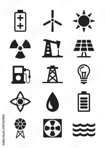 Black and white of various energy sources and power generation battery wind
