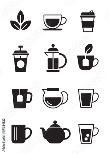 Black and white of various coffee and tea cups and teapots