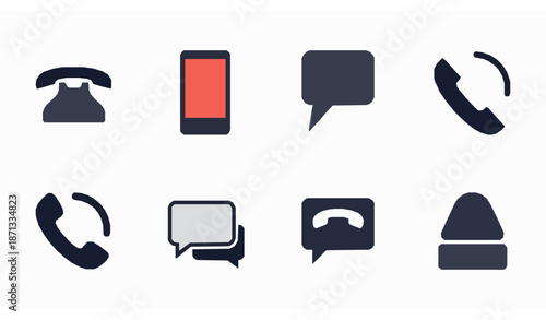 Filled glyph phone and message vector icon set with handset smartphone and chat symbols