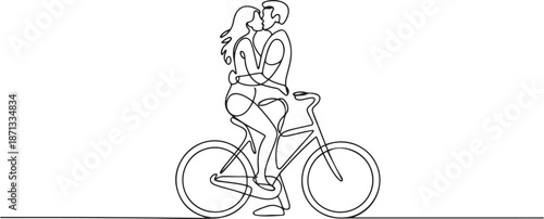 cute romantic couple kissing on bike with love vector illustration.one line vector illustration with out background