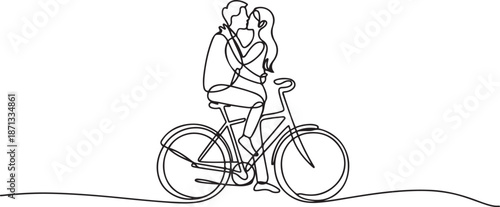cute romantic couple kissing on bike with love vector illustration.one line vector illustration with out background
