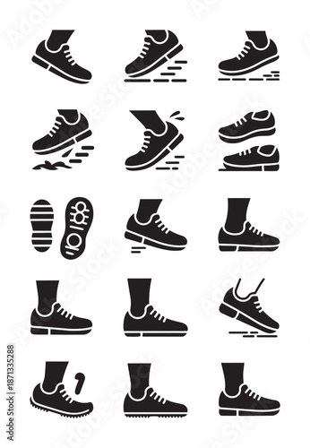 Black and white of various running shoes and footprints sneakers feet