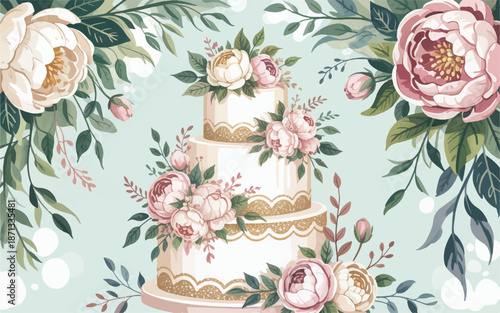 beautiful wedding cake with flowers and leaves on light green background