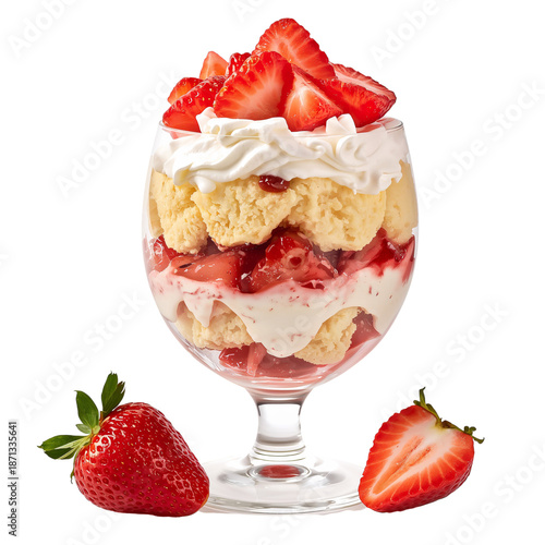 Delicious Dessert With Strawberries, Cream, and Biscuit Served in a Glass Bowl