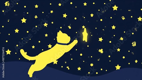 Dreamy Night Sky Animated Kitten Reaching For A Star Illustration Cartoon Style