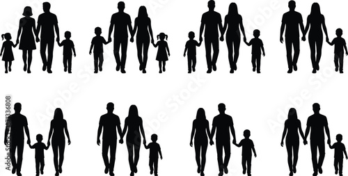 Happy family silhouette set showing parents walking with children together symbolizing love unity lifestyle isolated black figures