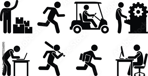 People activity silhouette icon set representing work logistics office factory running and machine operation isolated black figures