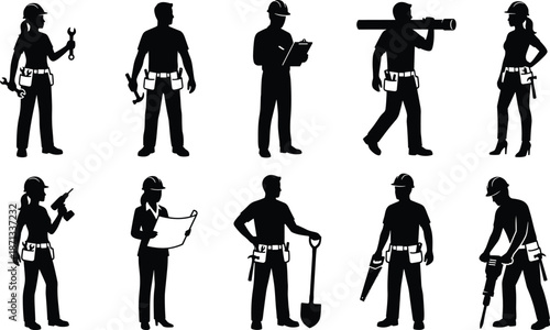 Professional construction worker silhouette icon set showing male and female builders with tools isolated black figures on white background