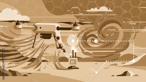 Drone Technology Conducting Environmental Research In Desolate Landscape Cartoon Style Video