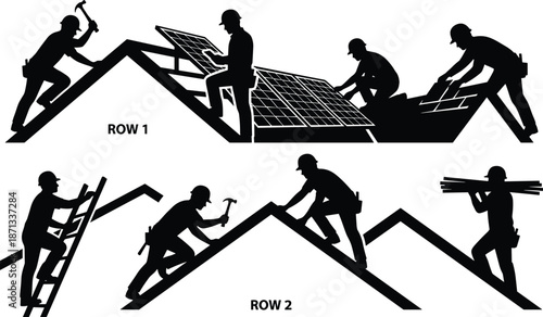 Roof construction worker silhouette set showing builders installing panels repairing rooftops teamwork labor isolated black figures