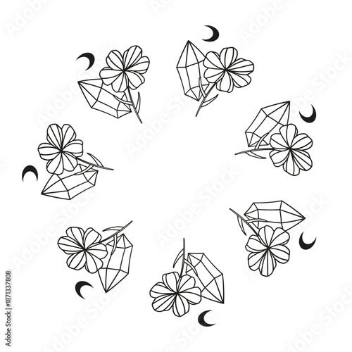 Cute round frame with hand drawn crystals, moon and flowers isolated on white background. Boho circle composition.
