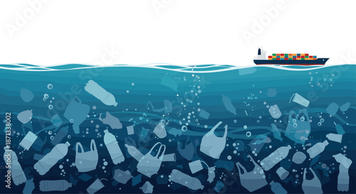 Environmental concept showing ocean pollution with various plastic bottles and bags underwater while a cargo ship sails.