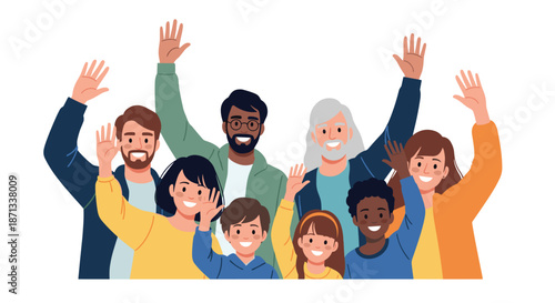 Joyful and diverse group of men, women and children waving their hands in a friendly greeting against a white background.