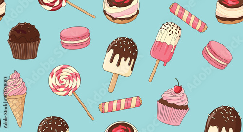 Seamless pattern design filled with various colorful sweets like cupcakes, ice cream cones, lollipops and macarons.