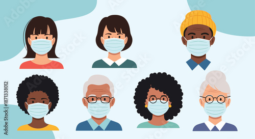 Set of diverse character portraits featuring various men and women wearing protective medical face masks for public safety.