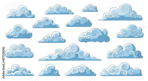 Collection of various stylized cloud illustrations with curly details and soft blue shadows against a white background.