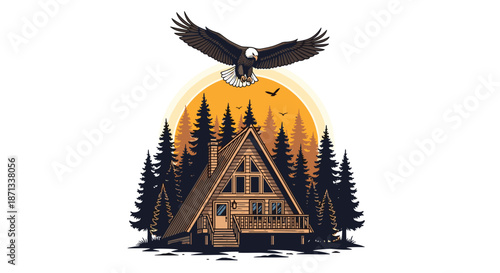 Majestic bald eagle flying towards a cozy mountain cabin surrounded by tall pine trees during a beautiful orange sunset.