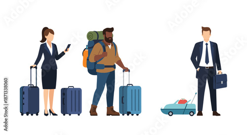 Diverse group of people traveling with different kinds of luggage including suitcases, backpacks and a pet carrier.