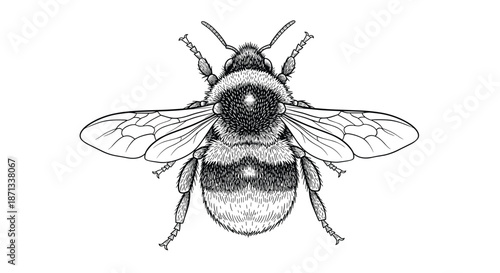 Detailed anatomical sketch of a bumblebee seen from above showing its wings, fuzzy body and legs in a line art style.
