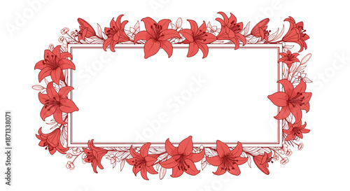 Elegant rectangular floral frame composed of multiple red lilies and delicate buds against a clean white background.