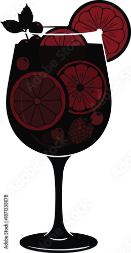 Red Wine Sangria Silhouette with Citrus Slices and Berries, Isolated Vector Illustration