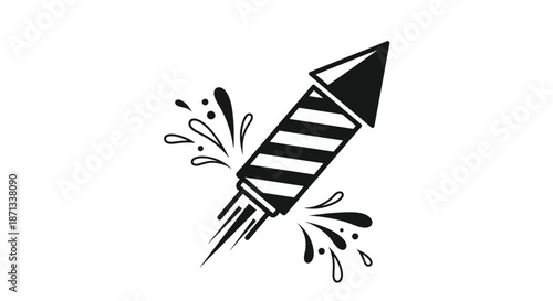 Simple black and white firework rocket icon shown at an angle with decorative sparks and a striped body festive design.