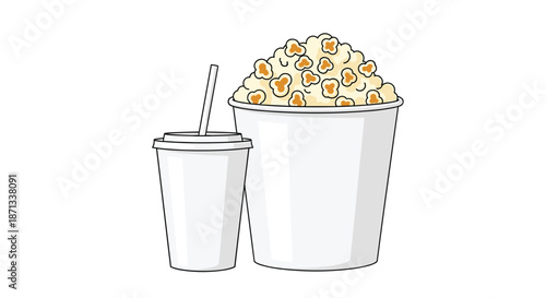 Classic movie theater snack set featuring a large bucket of buttery popcorn and a cup of soda with a drinking straw.