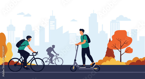 People riding bicycles and a scooter through a sunny city park with a modern urban skyline and autumn trees in the background.