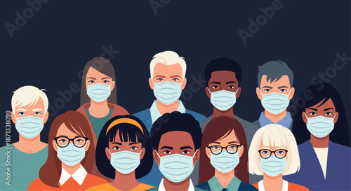Group of diverse men and women of different ethnicities and ages standing together while wearing protective face masks.