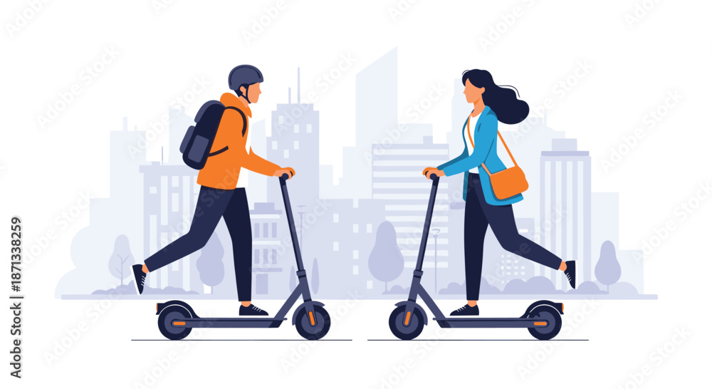 Obraz premium Man and woman riding modern electric kick scooters towards each other against a soft city skyline background in a clean flat illustration style.