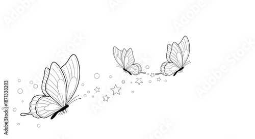Elegant line art illustration of three butterflies flying together with small stars and circles trailing behind them in a graceful arc.