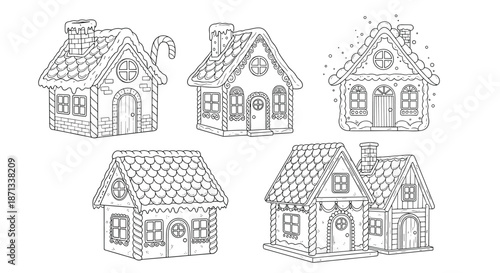 Detailed set of five different gingerbread houses with intricate frosting and candy decorations, shown in clean black and white line art.