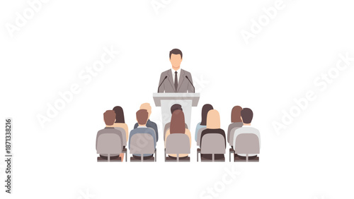 Professional speaker addressing an attentive audience at a business conference or educational presentation, embodying leadership and effective communication in a corporate setting