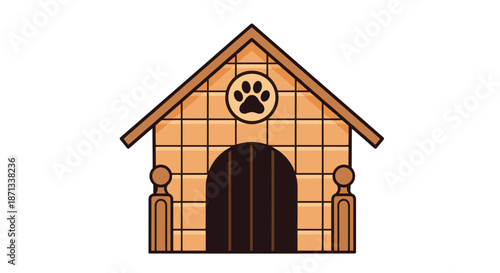 Simple wooden dog house with a pitched roof and a paw print emblem located above the arched entrance, providing shelter for a pet.