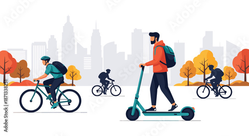 Urban scene of people using eco-friendly transportation like bicycles and electric kick scooters to commute through a city with skyscrapers.