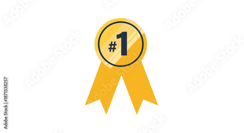 Shiny gold medal with a number one and hash symbol hanging from two yellow ribbons, representing first place, success, and achievement.