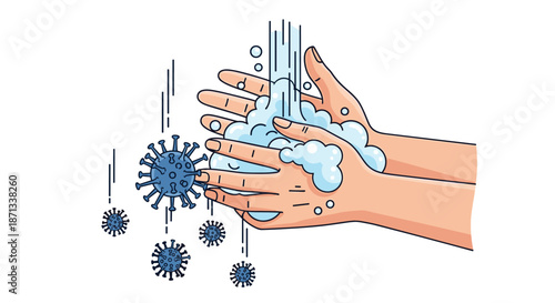 Educational illustration showing human hands being washed with soap and water to rinse away blue virus germs, promoting health and hygiene.