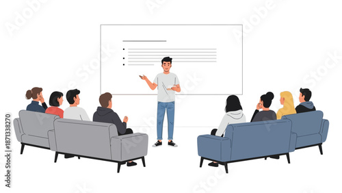 Professional speaker presenting ideas to an attentive audience in an educational or business meeting setting, highlighting communication and collaborative learning