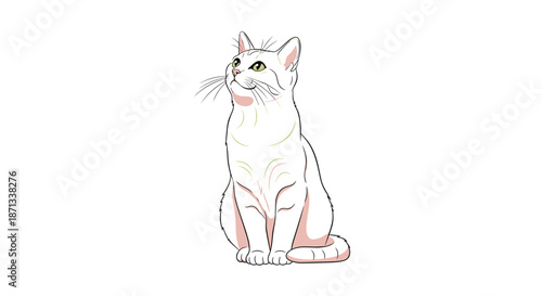 Artistic illustration of an elegant white cat sitting and looking upwards with curious green eyes, rendered in a soft and gentle style.