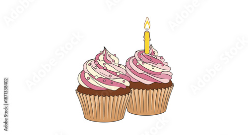 Two delicious chocolate cupcakes with swirl pink and white frosting, sprinkles, and single lit yellow candle.