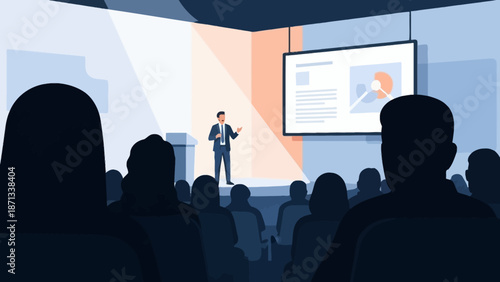 Dynamic speaker presents key data and insights on a large screen to an attentive audience at a professional conference, fostering effective communication and knowledge sharing in a corporate setting