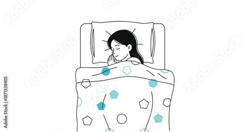 Peaceful illustration of young woman sleeping soundly in cozy bed under patterned blanket on white background.