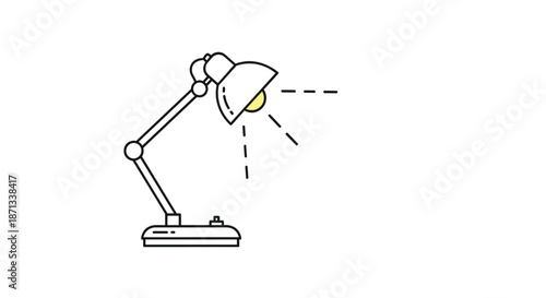 Simple black and white line icon of adjustable desk lamp with yellow bulb glowing and rays of light.