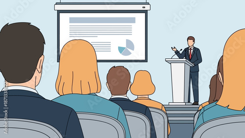 Professional speaker delivers an engaging business presentation to an attentive audience in a conference room setting, utilizing a projector for visual aids and sharing valuable insights