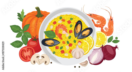 Traditional seafood paella dish in pan with shrimp, mussels, rice, and fresh ingredients like lemon, garlic, and tomato.