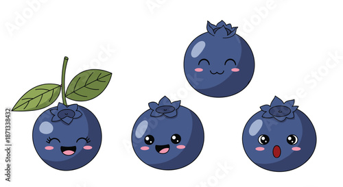Set of four adorable cartoon blueberry characters with different happy facial expressions and leaves on white background.
