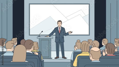 Professional business leader delivering an engaging presentation to an attentive audience at a corporate conference, illustrating key concepts and data on a large screen