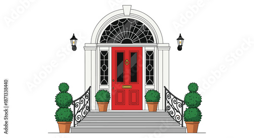 Classic elegant white house entrance featuring bright red front door with arch window, stairs, and potted topiary.
