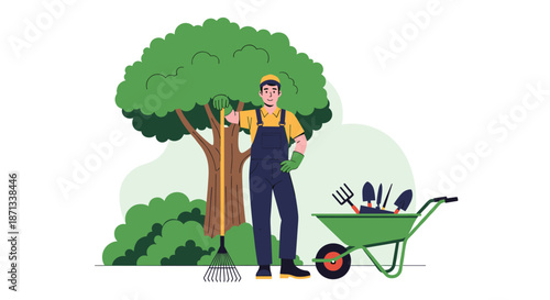 Professional gardener in uniform holding rake next to wheelbarrow full of gardening tools under large green tree.